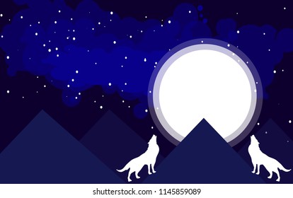Two wolves in white with a full moon and stars in the sky and blue sky.