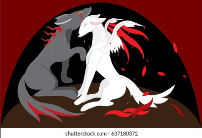 Two wolves with wings gray and white sit in a cave