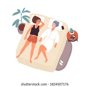 Two woman best friends lying on bed with mask on face and talking vector flat illustration. Happy female relaxing after spa or care procedure top view isolated. People spending time together at home