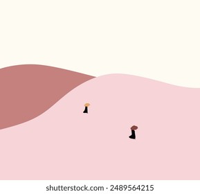 Two woman in black holding umbrella walking on pink hill. Relax in nature. Abstract and Minimalism.