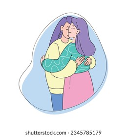 Two Woman Character Comforting Touching and Hugging Each Other Warmly Vector Illustration