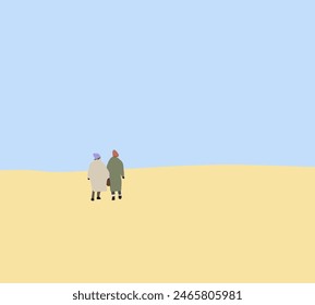 Two woman in colorful fashion walking in a desert in strong wind. Summer travel holiday vacation in nature. Discovery and exploration concept.