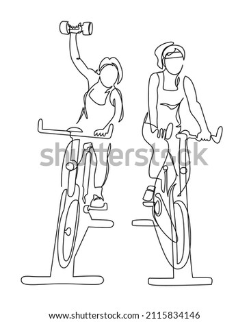 Two woman at cycling class exercise bike spinning fitness continuous line vector illustration