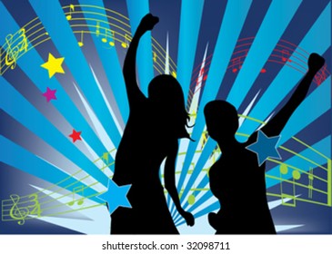 two woman dancing on disco background