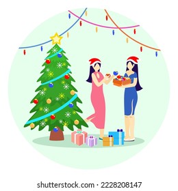 Two woman are decorating christmas tree preparation before celebrating christmas hearts.Vector illustration of people decorating christmas tree with colorful lights.flat illustration design