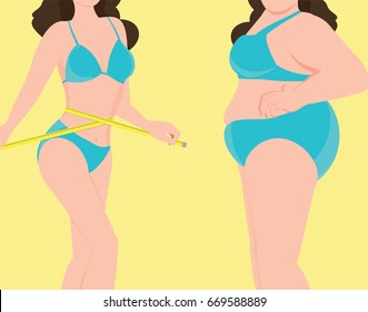 Two Woman With Different Body Shapes, Women Weight Loss Success,healthy Lifestyle Conceptual Cartoon Character Vector Illustration.