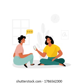 Two woman discuss newsfeed. Friends sitting on the floor at home and chat about life. Flat vector illustration.