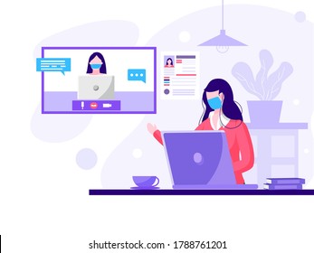 Two Woman Doing Video Calling Each Other From Laptop For Maintain Social Distancing.
