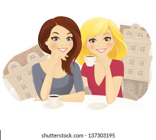 Two woman drinking coffee in street cafe