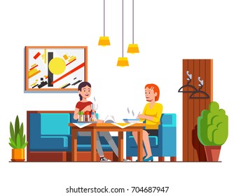 Two woman eating lunch & drinking tea together at cafe. Girl friends sitting at served table, having dinner in restaurant. Bistro eatery interior with desk, armchairs & couch. Flat vector illustration