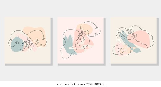 Two woman faces abstract one continuous line portrait set. Modern minimalist style illustration for posters, t-shirts prints, avatars, pstcard and brochure. Lovers kiss, romantic relationship concept