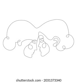 Two woman faces abstract one continuous line portrait. Modern minimalist style illustration for posters, t-shirts prints, avatars, pstcard and brochure. Lovers, romantic, friends, sisters concept.