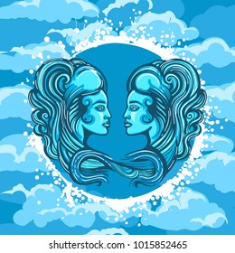 Two Woman Faces in Air Circle. Zodiac symbol of Gemini on Air background. Vector illustration.