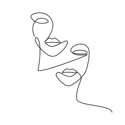 Two Woman Faces Continuous Line Drawing. Modern Abstract Minimal One Line Style Illustration. Female Portrait Vector.  Minimal Design Element For Print, Banner, Wall Art Poster, Brochure, Banner.