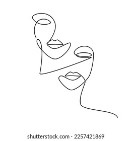 Two woman faces continuous line drawing. Modern abstract minimal one line style illustration. Female portrait vector.  Minimal design element for print, banner, wall art poster, brochure, banner.