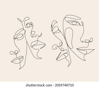 Two woman faces line art vector. Two strong women supporting each other.The concept of friendship, care and love. Vector flat illustration