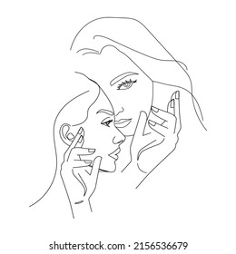 Two woman faces line art vector. Two strong women supporting each other.The concept of friendship, care and love. Vector flat illustration.