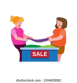 two woman fighting over to get  clothes, mall sale event cartoon flat illustration vector