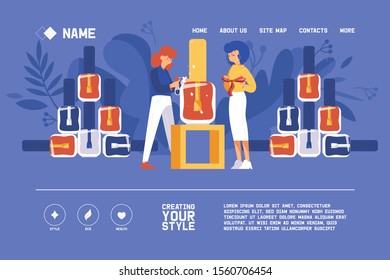Two woman getting ready for presentation new nail polish collection. Vector concept banner decorated with leaves, good for small business promotion in beauty industry