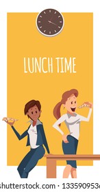 Two Woman Have Pizza for Lunch at Office Banner. Female Office Character Lean on Table. Businesswoman Wear Suit, Stand under Clock, Have Tasty Junk Food. Cartoon Flat Vector Illustration