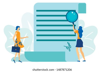 Two Woman Having Deal. Document Signing Flat Cartoon Vector Illustration. Woman Analysing Business Contract. Girl Holding Magnifying Glass and Reading. Agreement Final Inspection. Signature.