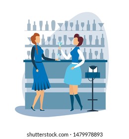 Two Woman Having Rest at Cocktail Bar Cartoon. Female Friends Mmeeting in Night Club. Public Place with Alcoholic Drinks. Girls Standing near Counter, Drinking and Talking. Flat Vector Illustration