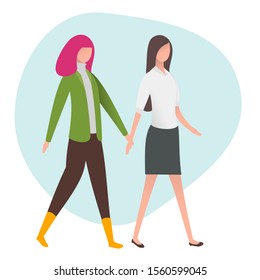 Two woman hold hands and walking. Lesbian couple isolated on white background. Nontraditional relationships between people. Lgbt concept vector illustration in cartoon flat style.