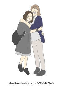 two woman hug each other / girl friends happy to meet again