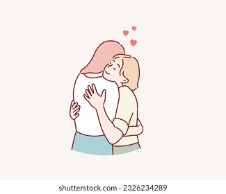 Two woman hugging. Hand drawn style vector design illustrations.