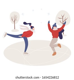 Two woman ice skating. Young happy wman doing sport. Isolated vector illustration of people wearing warm winter clothes. People walk outside in cold season