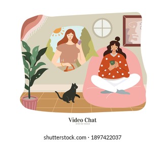 Two woman making video call on phone. One is sitting on sofa at home while the other is outside. Concept of online communication or video chatting.