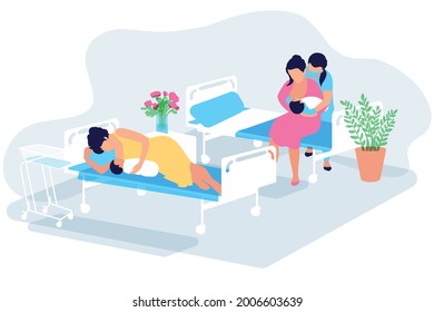 Two woman with newborn babies in a hospital postpartum ward staying with an infant. First days after childbirth, breastfeeding support. Lying and sitting breastfeeding positions. Hospital Ward