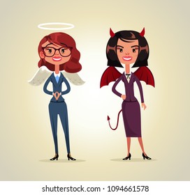 Two woman office worker business person angel and demon characters. Difficult choice selection concept isolated flat cartoon graphic design illustration