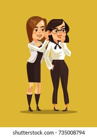 Two woman office workers characters gossiping. Vector flat cartoon illustration