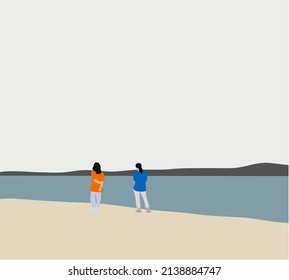 Two woman on holiday travel vacation beach. Blue sunny ocean sky background. Minimal vector illustration.