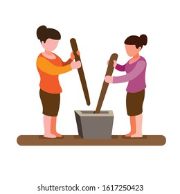 two woman pounding rice grain, traditional activities woman in asian illustration in cartoon flat illustrtion vector