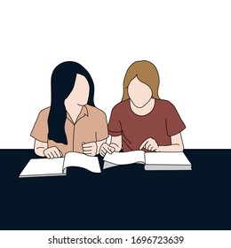 Two woman reading a book and tutoring together. Sit at the table in the room