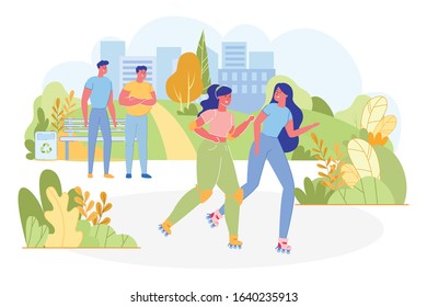 Two Woman Roller Skating in Park Flat Cartoon Vector Illustration. Spending Time Actively. People in Park. Men Looking at Girls. Funny Company. Sport and Recreation. Friends Communicating.