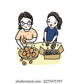 Two woman selected and packing Thai Marian Plum or Mayong Chid, hand drawn vector illustration