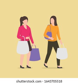 two woman shopping walking and discuss each other with shopping bag