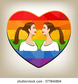 Two woman silhouettes and polygonal heart on a gray background.