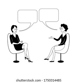 Two woman sit on chairs opposite each other and talking with speech bubbles. Black and white vector image.