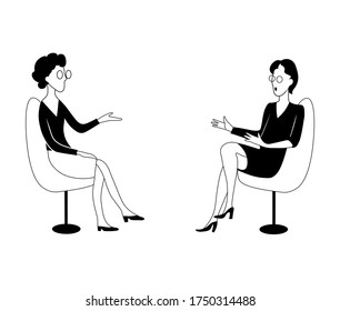 Two Woman Sit On Chairs Opposite Each Other And Talking With Gesture. Black And White Vector Image.