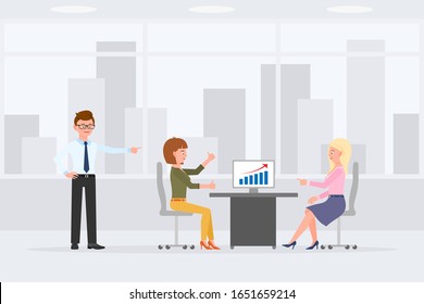 Two woman sitting at desk, meeting, talking, discussing sales report in office workplace illustration. Eyeglasses man standing, girl and lady having conversation cartoon character set