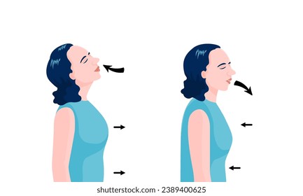 Two woman standing and do breathing exercise for stress Relief, flat vector illustration.	