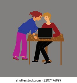 two woman talking on desk in office workplace concept of woman boss move vector illustration.