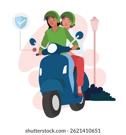 two woman traveling using motorcycle safely in flat illustration