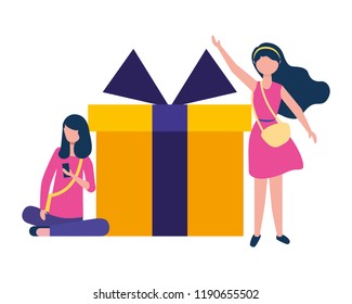 two woman using smartphone and gift box