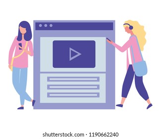 two woman using smartphone website window
