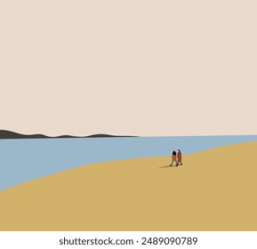 Two woman walking on the beach. Friends travel on vacation. People, lifestyle, nature and vacations concept.